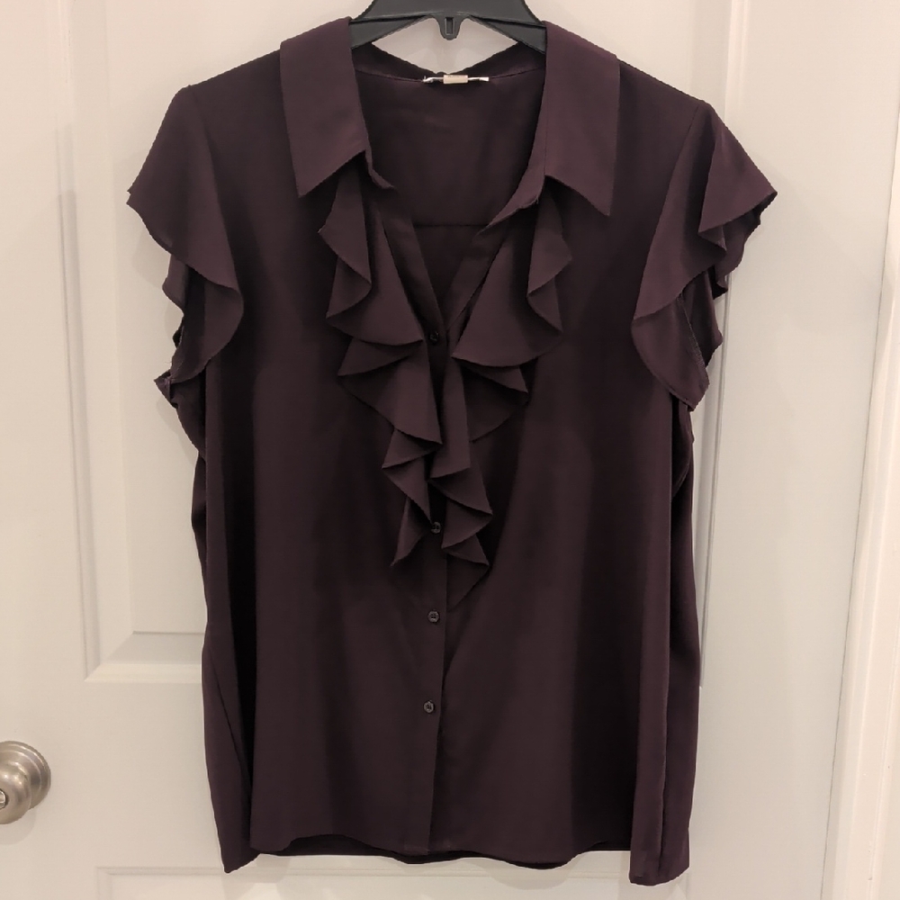 Calvin Klein Deep Purple Eggplant Ruffle Button Up Blouse